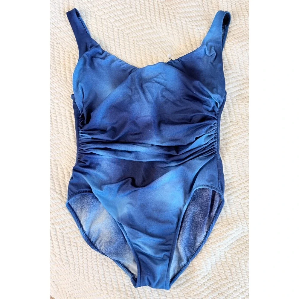 Miraclesuit One Piece‎ Swimsuit Sz 14 Blue Ombre Ruched Tummy Control Slimming
